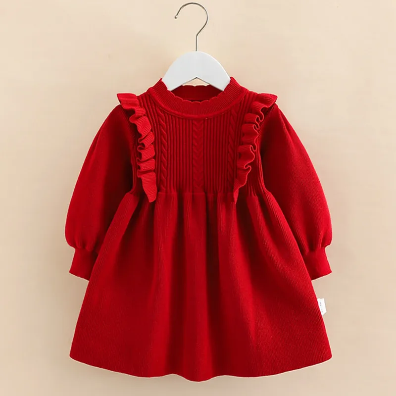 Winter 2 3 4 5 6 7 8 9 10 12 Years Children‘s Chirstmas New Year Thickening Princess Red Knitted Dress For Baby Kids Girls