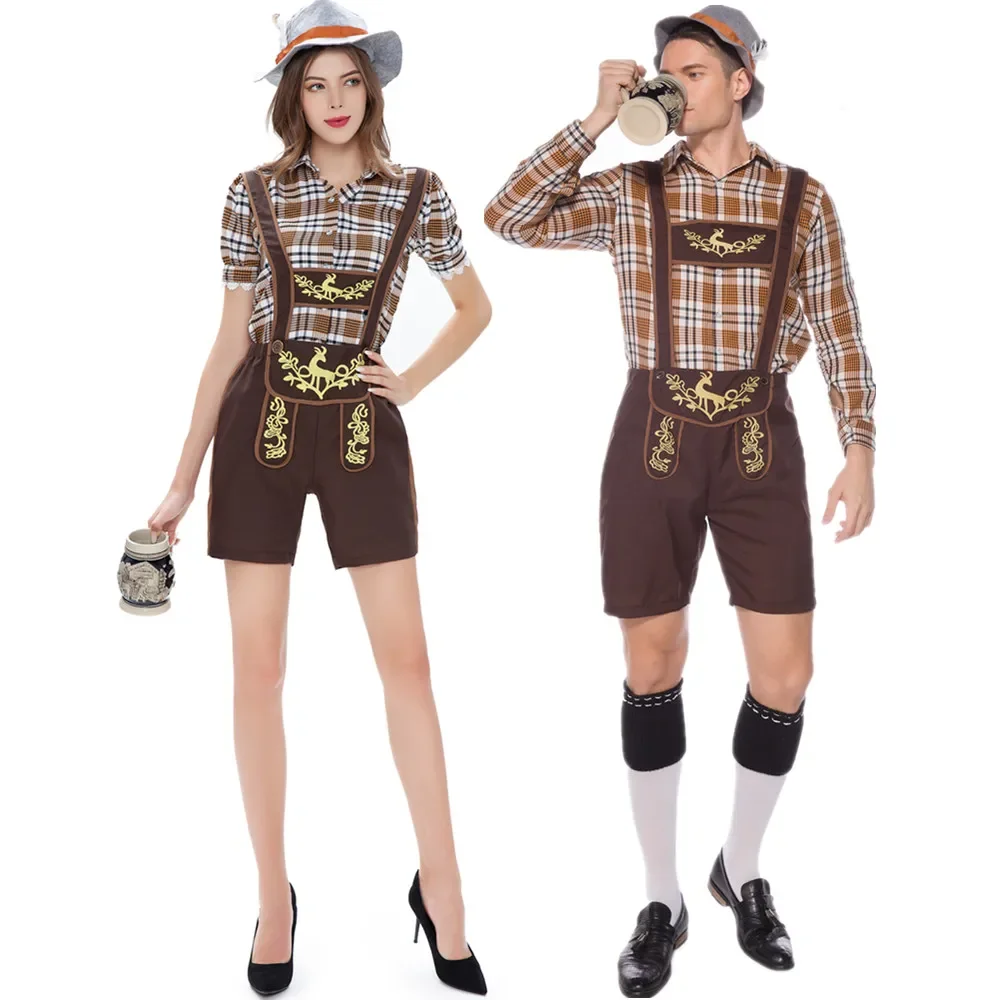 Oktoberfest tradicional para adultos, chapéu, shorts com suspensão superior, vestido extravagante para cerveja alemã para homens e mulheres, bávaros e senhoras