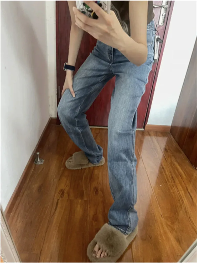 

American Retro Blue Straight Leg Jeans Women's Spring Autumn High Waist Slimming Tall Extended Length Smoke Tube Pants High S...