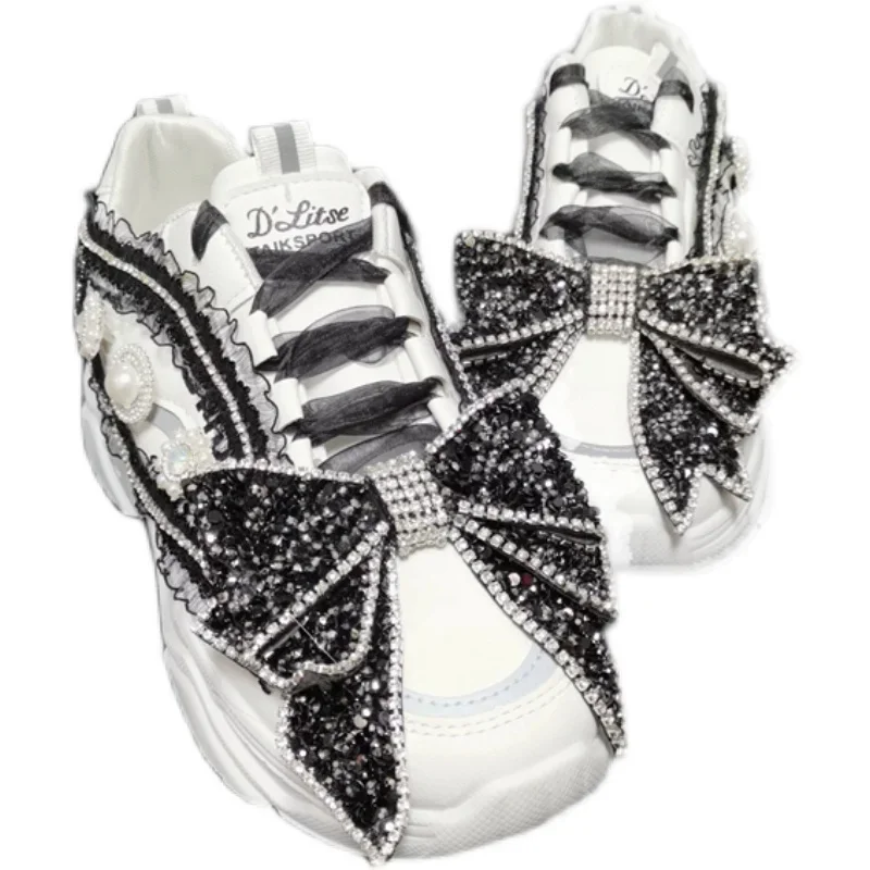 Womens Bowknot Rhinestones Sneakers Lace Up Platform High Heel Sport Shoes White Lolita Sweet Girls X-mas Gift  New 2024