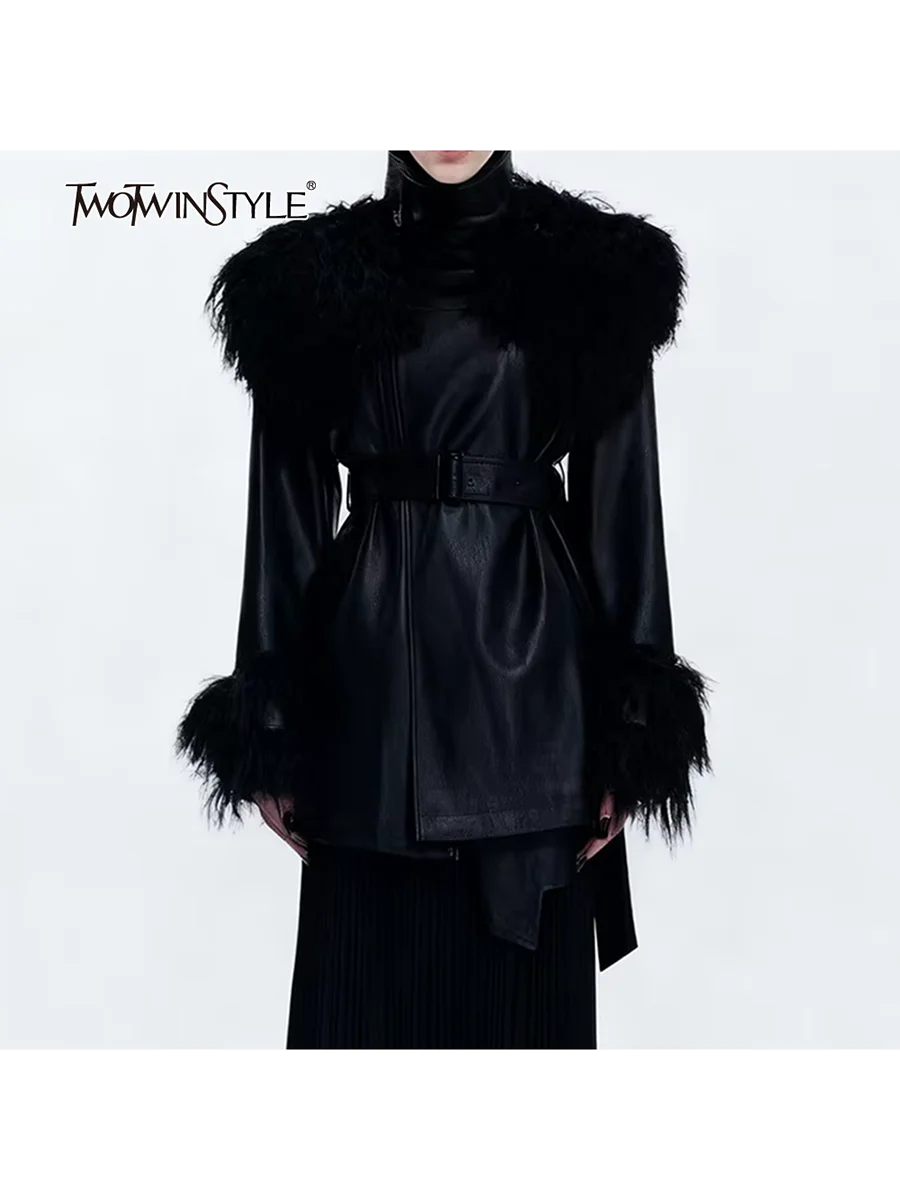 

TWOTWINSTYLE Solid Spliced Belt Basics Leather Jackets for Women Fur Collar Long Sleeves Temperament Jacket Female Fashion New