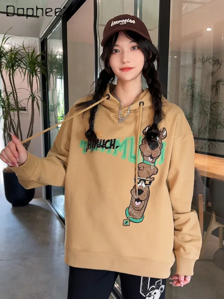 American Hooded Cartoon Dog Hot Drilling Sweatshirt Top Female 2023 Autumn Winter Loose Long Sleeve Pullover Hoodies Women