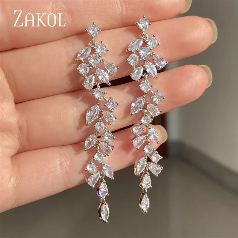 ZAKOL Fashion Zirconia Leaf Long Dangle Earrings For Women White Leaves Drop Earring Bridal Wedding Jewelry Gifts