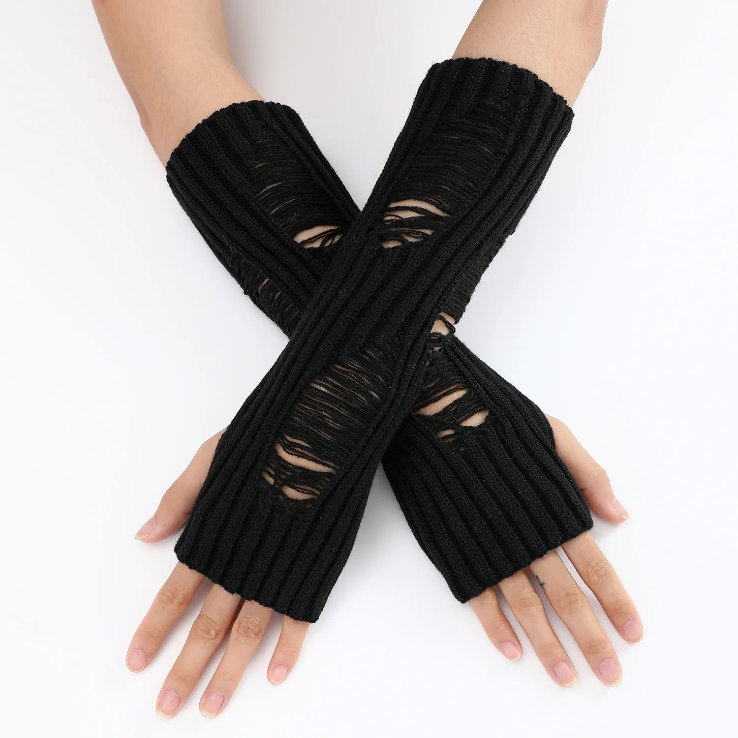 

Punk Hollowed Out Long Fingerless Gloves Women Winter Warmer Knitted Arm Sleeve Mittens Fine Soft Girl Cloth Punk Gothic Gloves