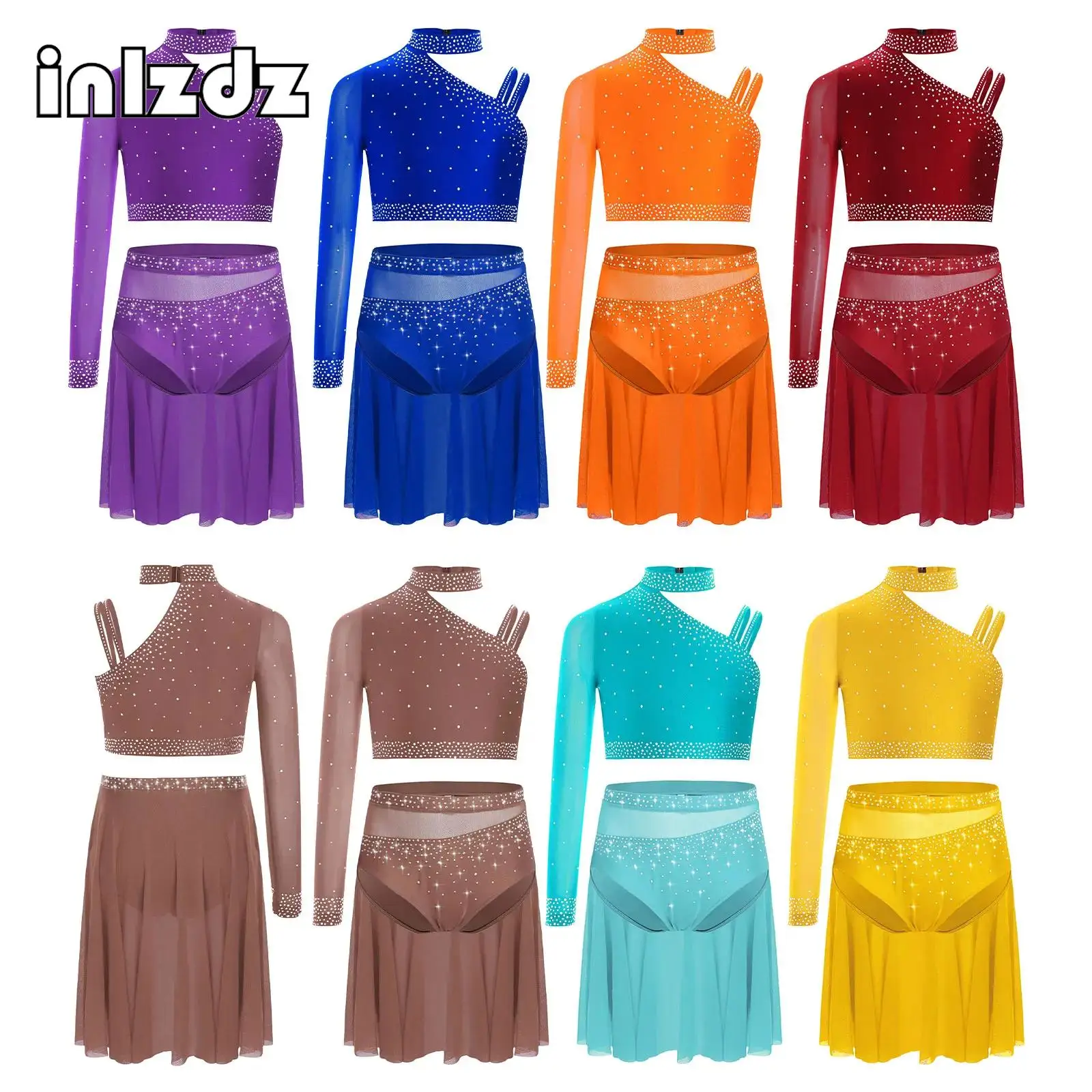 

Kids Girls Lyrical Dance Set Sparkly Rhinestones Tops Unique Irregular Shoulder Crop Top with Sheer Mesh Skirt for Dance Shows