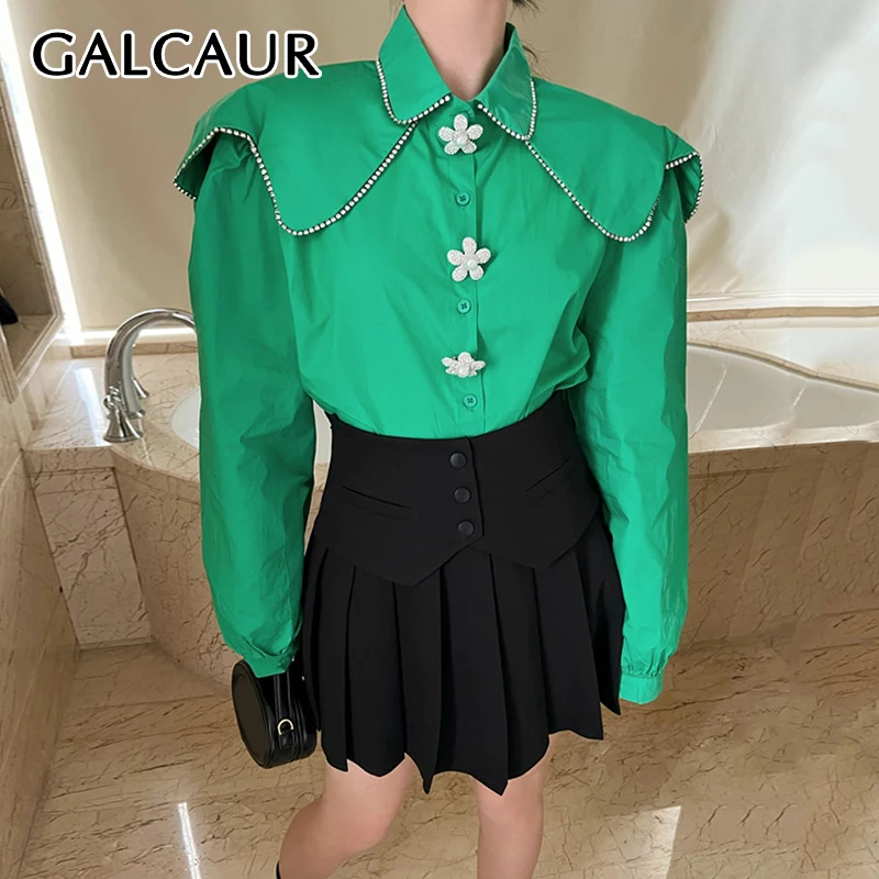 

GALCAUR Solid Spliced Diamonds Sweet Blouse For Women Peter Pan Collar Long Sleeve Patchwork Single Breasted Shirt Female Autumn