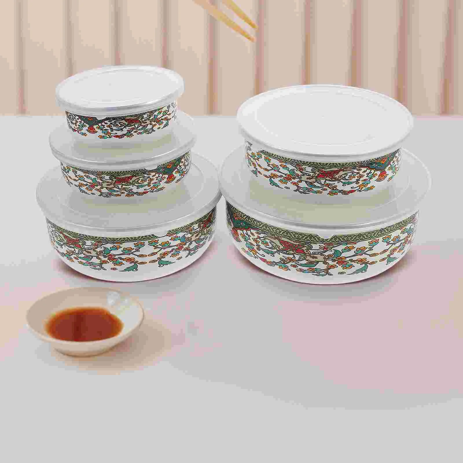 

5 Pcs Set of Bowls Storage Food Containers with Lids Soup Enamel Serving Metal Salad Egg Mixing Instant Noodle