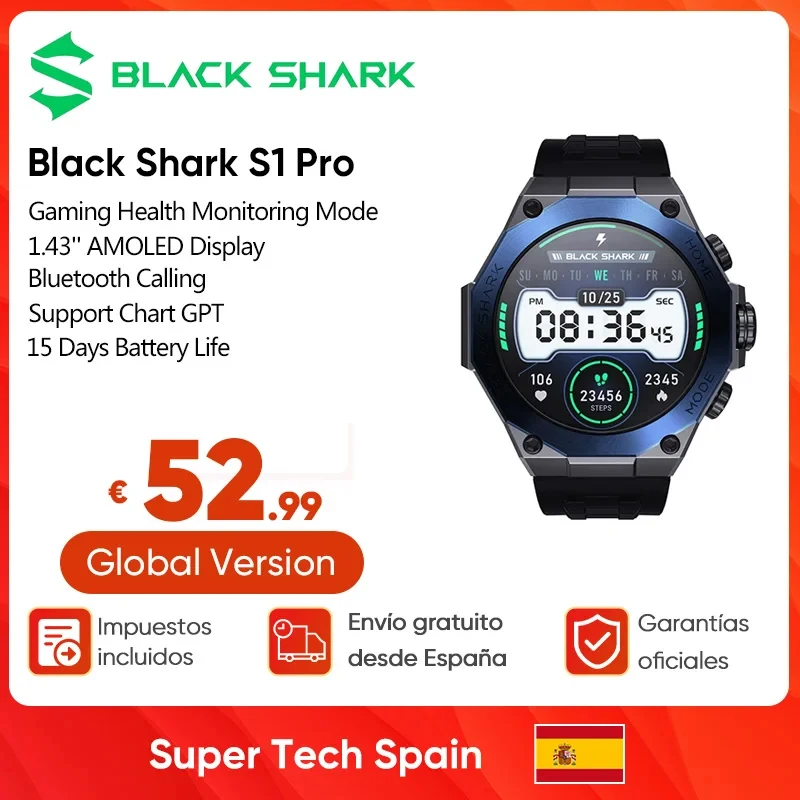 Black Shark S1 Pro SmartWatch 15 Days Battery Life 1.43'' AMOLED Screen 100+ Sport Modes Wireless Charging NFC Chat GPT