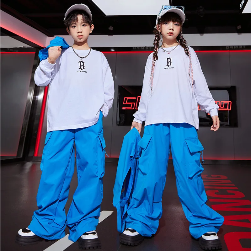 New Ballroom Hip Hop Dance Costumes For Kids Loose Vest Cargo Pants Blue Suit Girls Jazz Dance Drum Stage Rave Clothes DQS14955