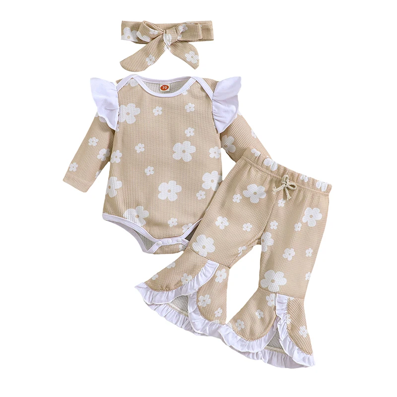 

2023-08-25 Lioraitiin 0-18M Toddler Infant Baby Girl Fall Bell Bottom Outfits Flower Long Sleeve Romper Flare Pants Bow Headband