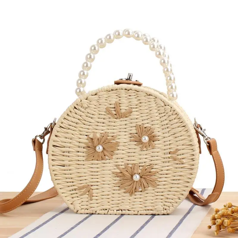 Pearls Handle Straw Bag Handbags Paper Rope Woven Bags for Women 2024 Bohemian Clip Shoulder Crossbody Bag Flower Purses Clutch