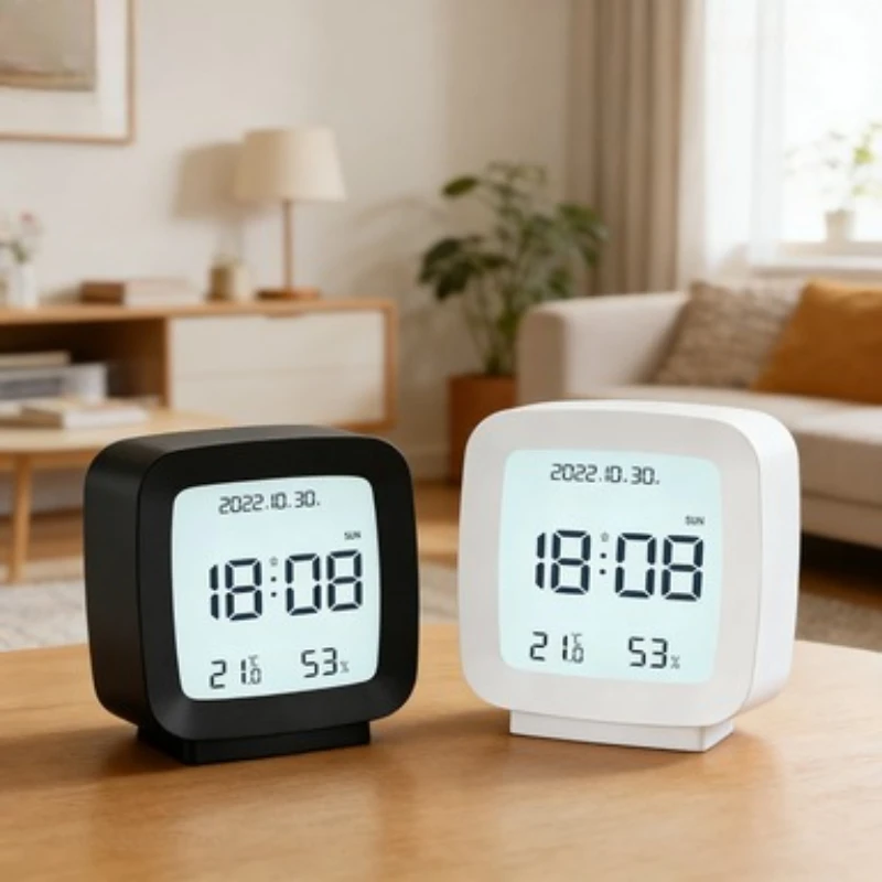 Mini Alarm Clock with Backlight Battery Operated LCD Display Temperature Humidity Monitor Multifunction Home Outdoor Sensor Tool