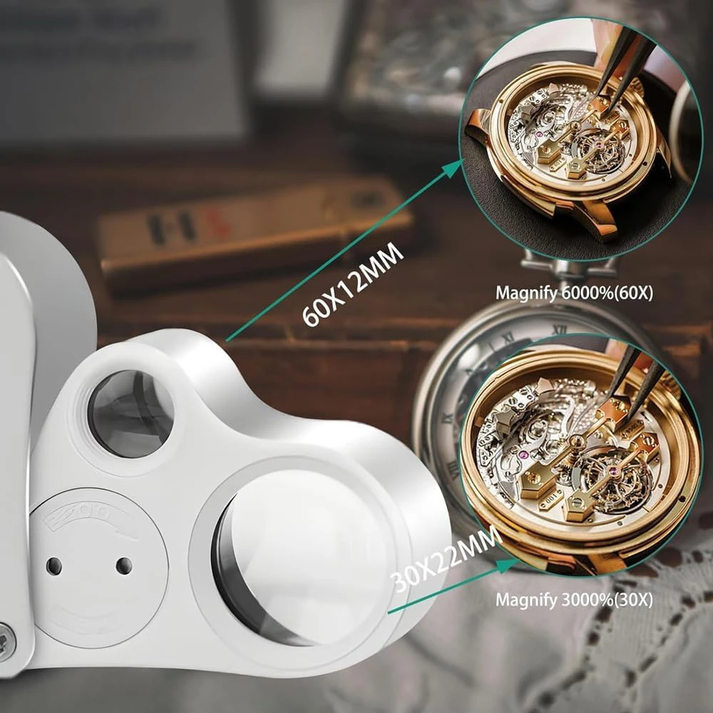 60X 30X Jewelry Magnifying Glass with LED Lights Pocket Loupe Magnifier Foldable Diamond Lupa Triplet Jewelers Eye Glass Tools