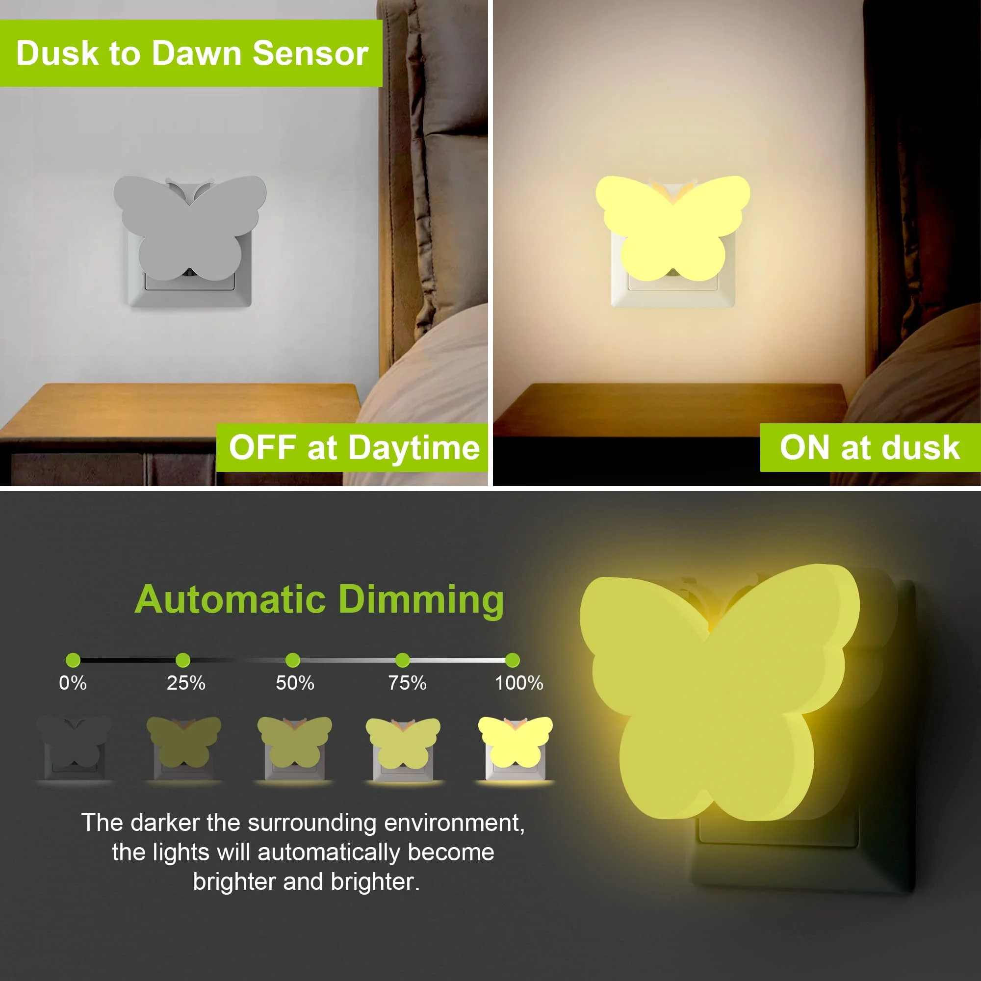 Veilleuses LED en forme de papillon avec capteur de lumière, prise marche/arrêt automatique pour chambre d'enfants, escalier, couloir, lampe de nuit