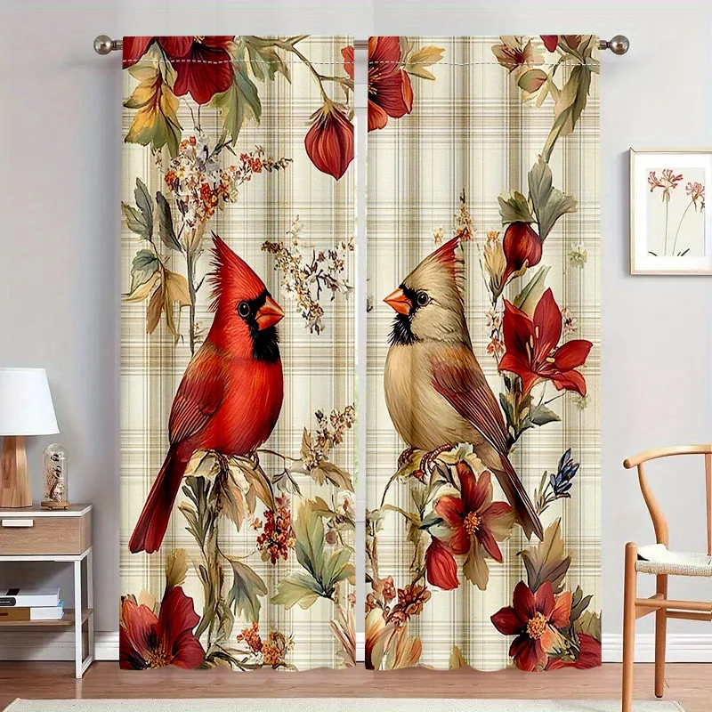 2 pieces, farmhouse red robe master curtains - natural floral and bird design, living room, bedroom - Christmas home decoration
