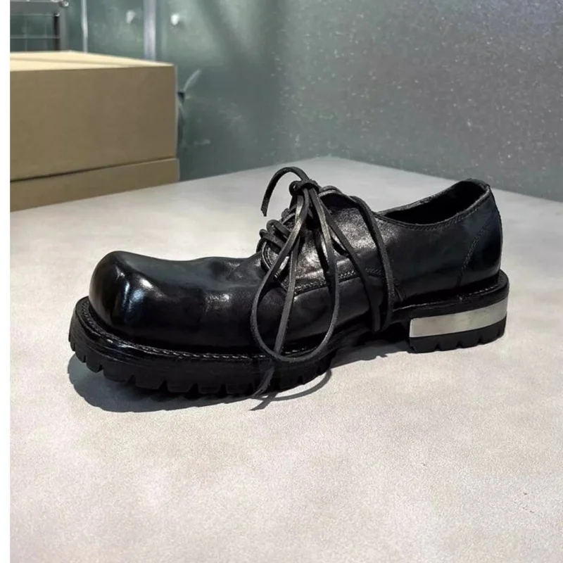

Retro Big Toe Derby Shoes Men's and Women's Metal Thick Soled Lace Up Square Toe Single Shoes Leather Upturned Toe Loafers
