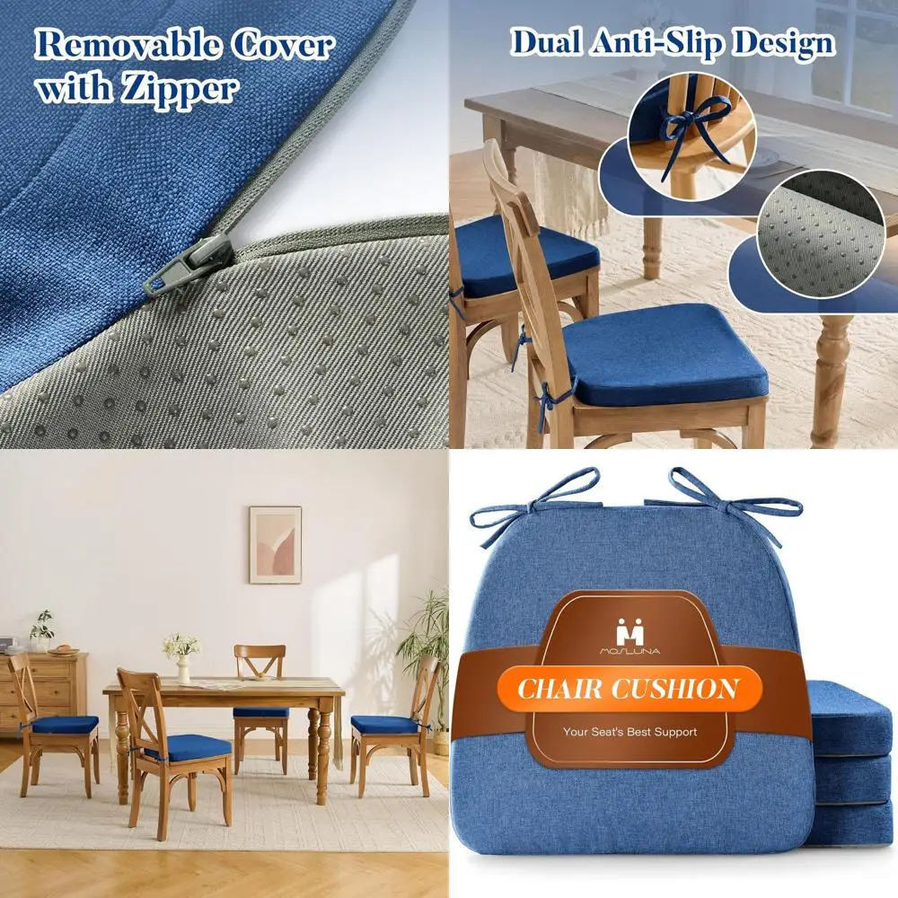 

Set of 4 D-Shaped Non-Slip Chair Cushions, Removable Covers, 16x17 inches, Navy Blue Kitchen Seat Pads