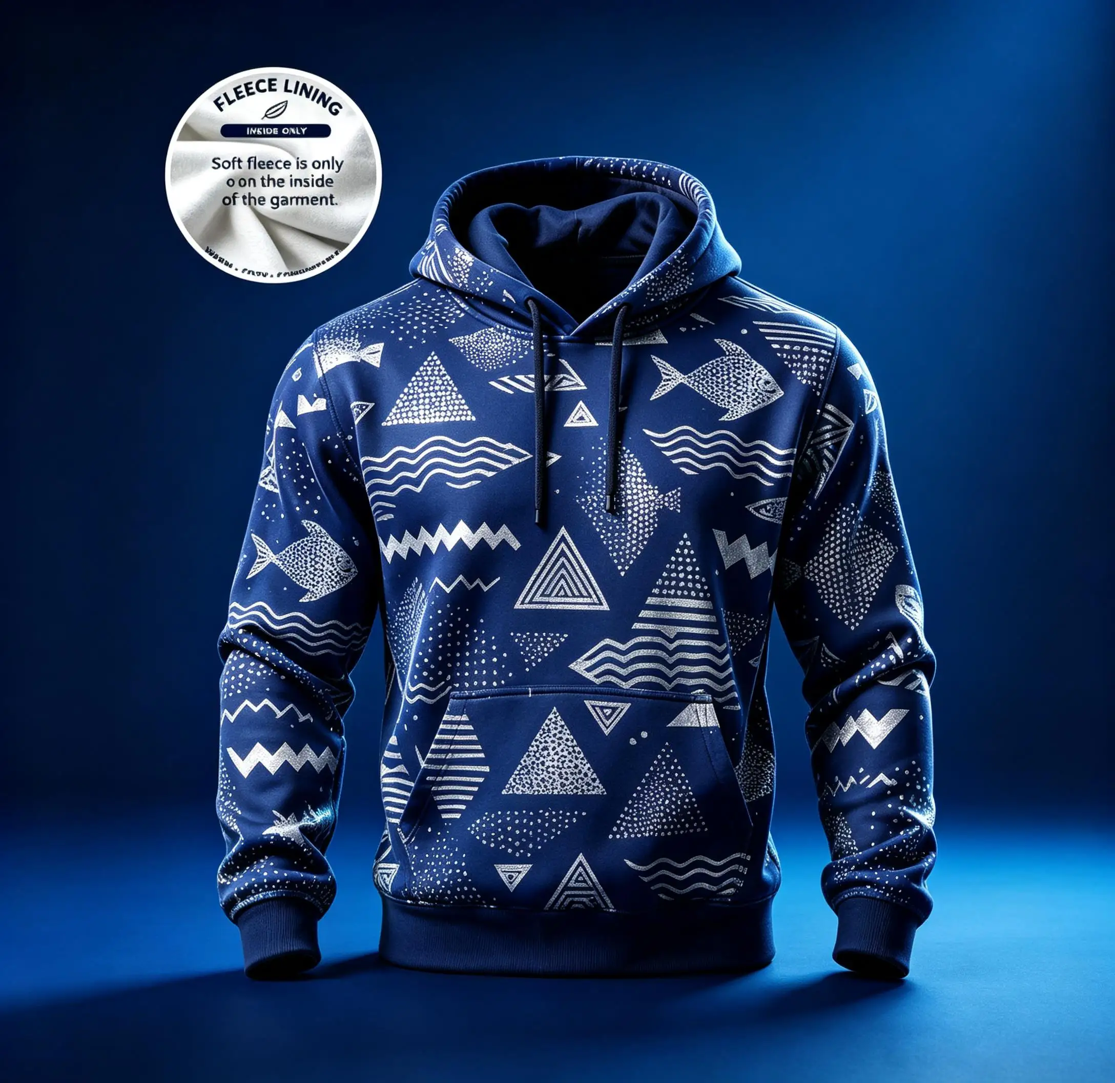Street Style Men Hooded Sweatshirt Blue Abstract Triangle Wave Graphic Fleece Lining Pullover Top