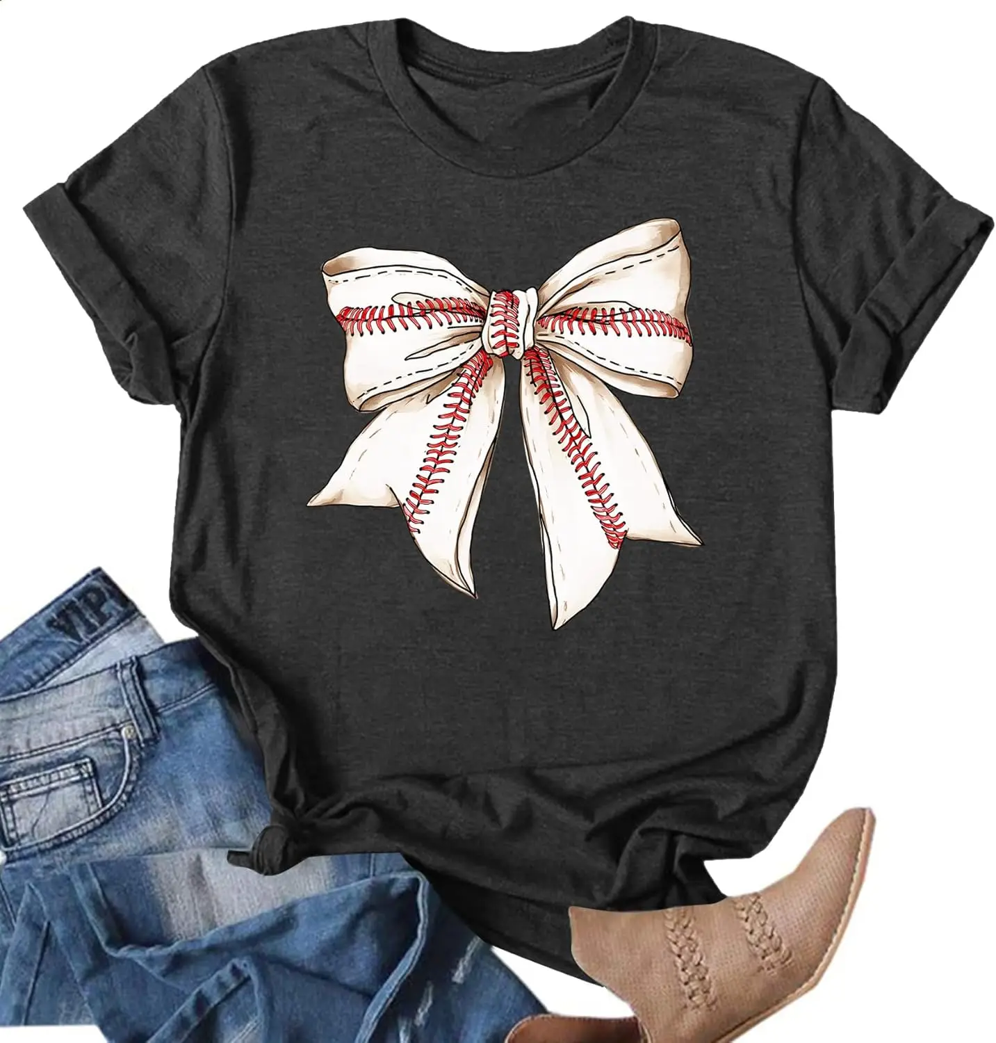 Baseball Shirts for Women Baseball Bow Graphic T Shirt Baseball Mom Short Sleeve Tee Game Day Gifts Tops for Mom Outfit
