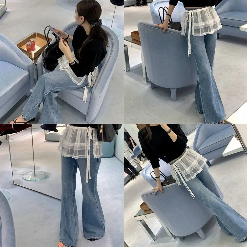 New Embroidered Flower Lace Mini Skirt Y2K Streetwear See Through Ruched Skirts Harajuku Butt Curtain Jeans Decoration