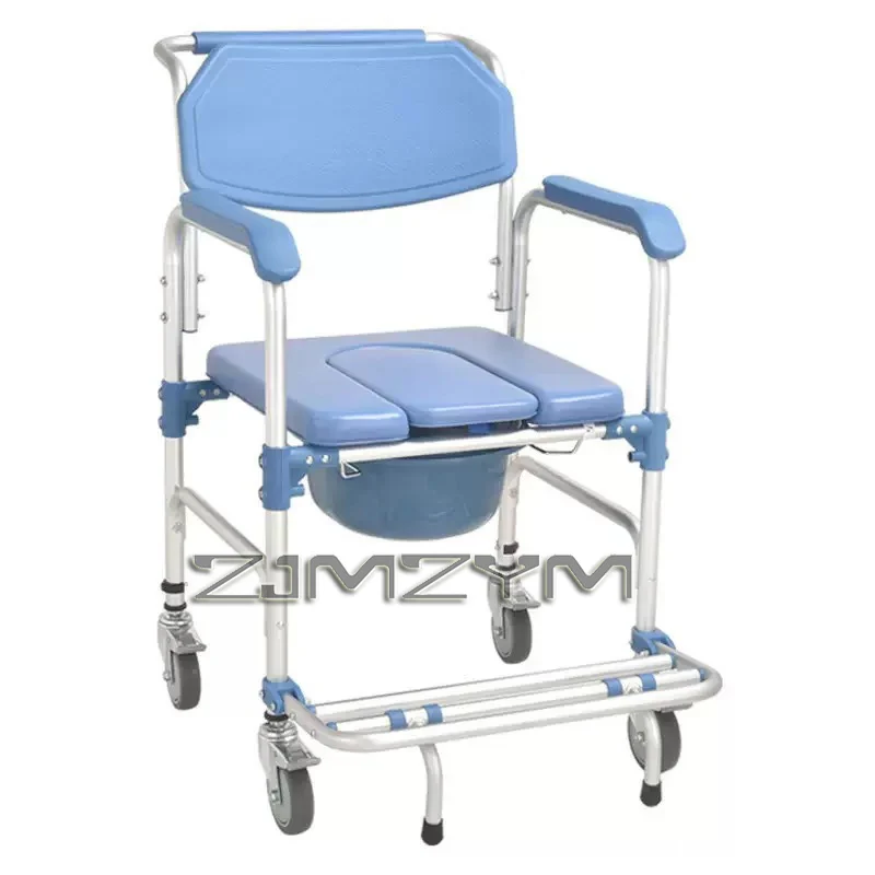 

Foldable 4-Wheel Brake Shower Wheelchair Thick Aluminum Bath Seat with Anti-Slip Pedals Elderly Transfer Assist System
