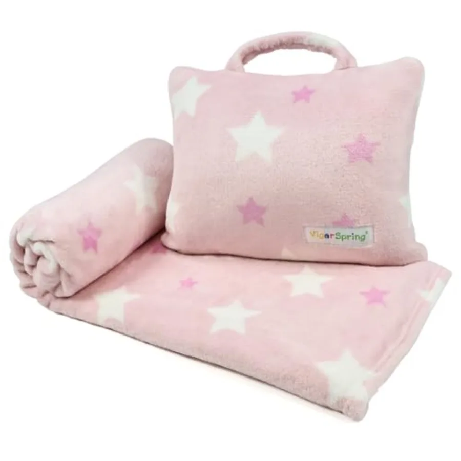 3-in-1 Travel Blanket and Pillow Set - 40x60 Inches Soft Pink Star Design, Travel Blanket Airplane Compact with Bag, Potable Pi