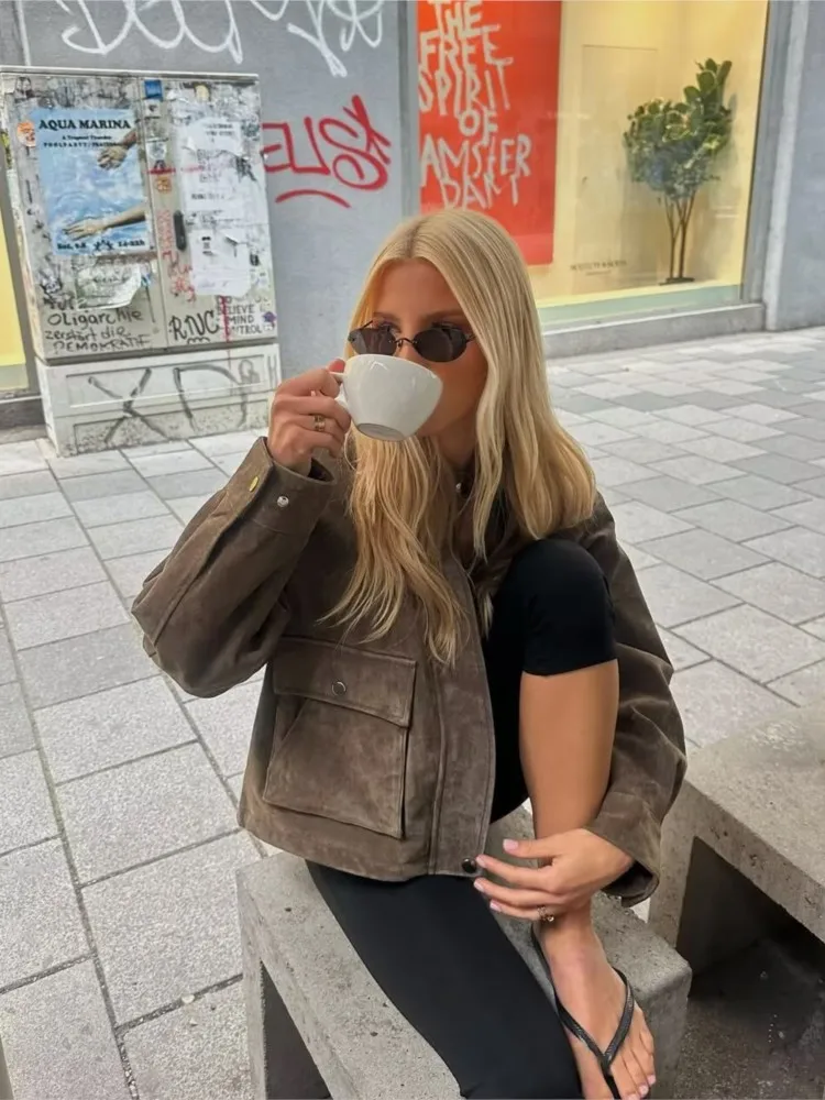 Women Leather Jacket with Button Fashion Autumn Laple Collar Long Sleeve Pcoket Short Jacket Causal Female Jacket