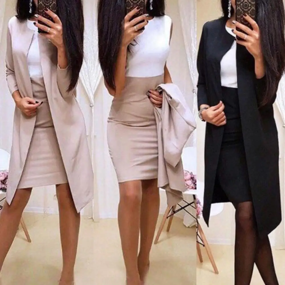 Women Two Piece Set Long Blazer Mini Skirt Suit Office Lady Bodycon Solid Color Autumn Fall Workwear Modern Business Commute