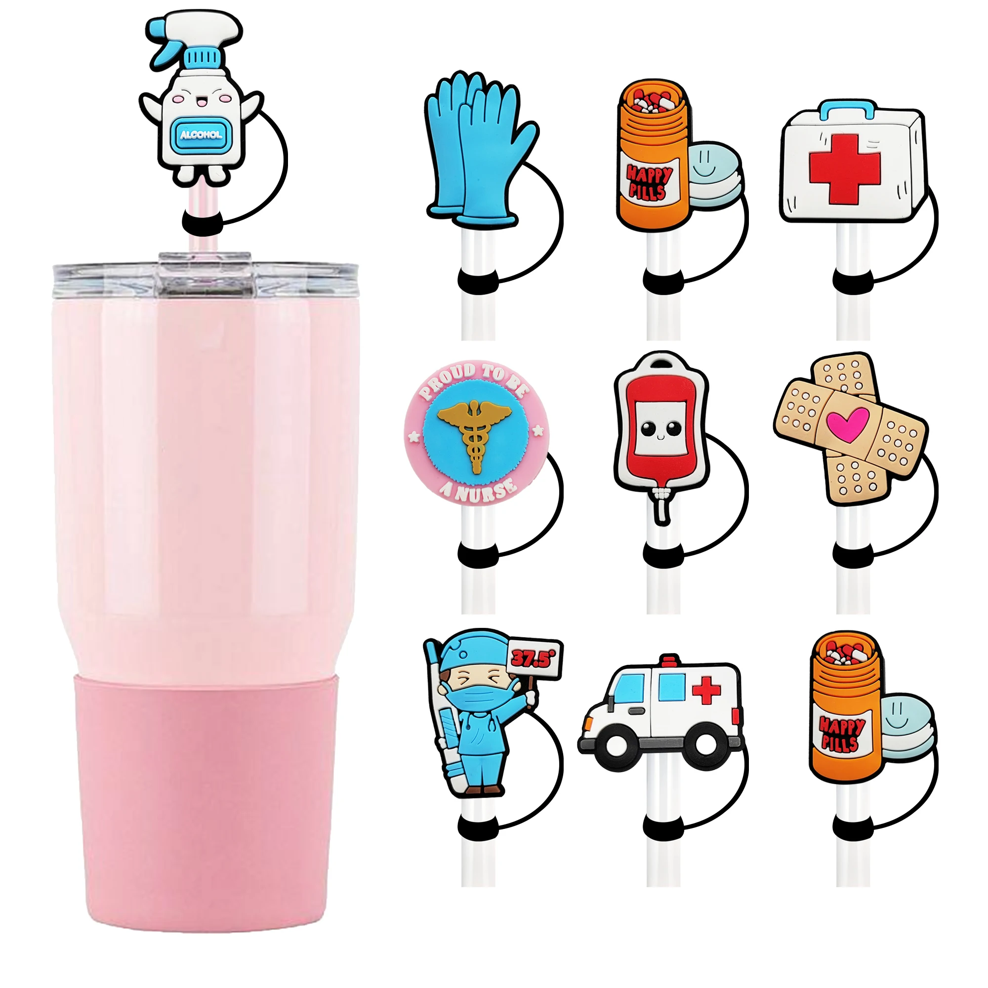 1-9Pcs Medical Series Silicone Straw Topper 10mm Straw Cover Cap Washable Dustproof Straw Topper Cup Straw Cap Charms Pendant