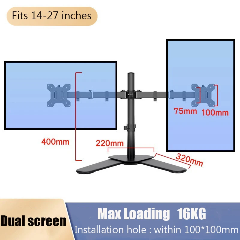 Dual Monitor Stand and Adjustable Arms, Mounts 2 Screens up to 27 inch Load 8kg Each with Swivel, Tilt, VESA 75x75 100x100mm