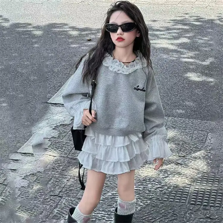 2026 Spring Autumn Teens Tracksuit Girls Cloth 1pc Letters T-shirt Lace Hooded Sweatshirt or 1pc Kids layers Skirt 5 10 12 year
