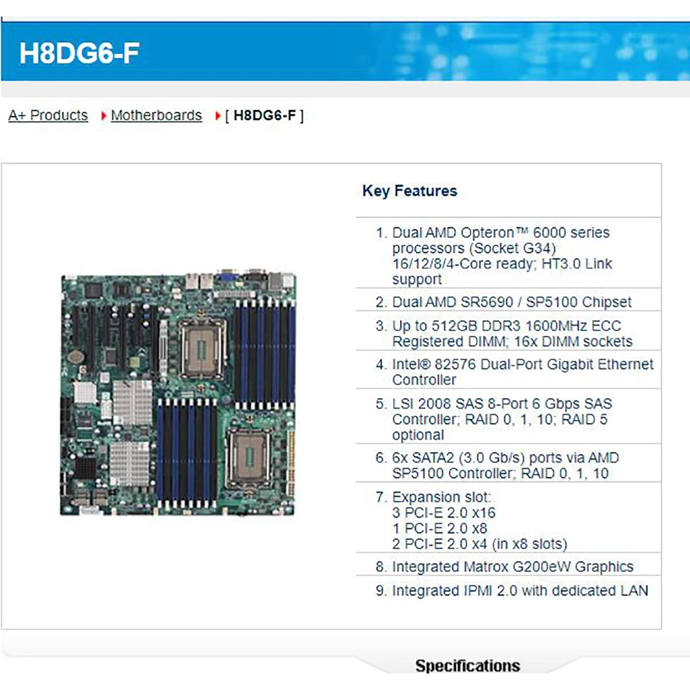 Per scheda madre Supermicro Server Dual AMD Opteron processori serie 6000 DDR3 LSI 2008 SAS Controller SAS a 8 porte 6 Gbps H8DG6-F