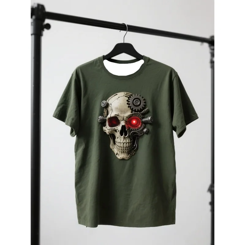 

МОТО-Аллиэкспресс Популярный! Футболка для взрослых, механический череп с красным светящимся глазом, оливково-зеленый стиль