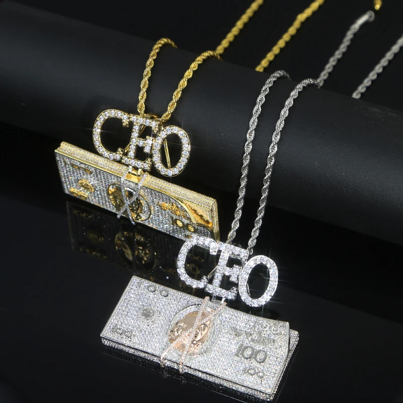 Full Paved Bling 5A Cz Paved Initial CEO Us Dollar Cash Pendant Necklace for Men Boy Hip Hop Rock Punk Iced Out Jewelry