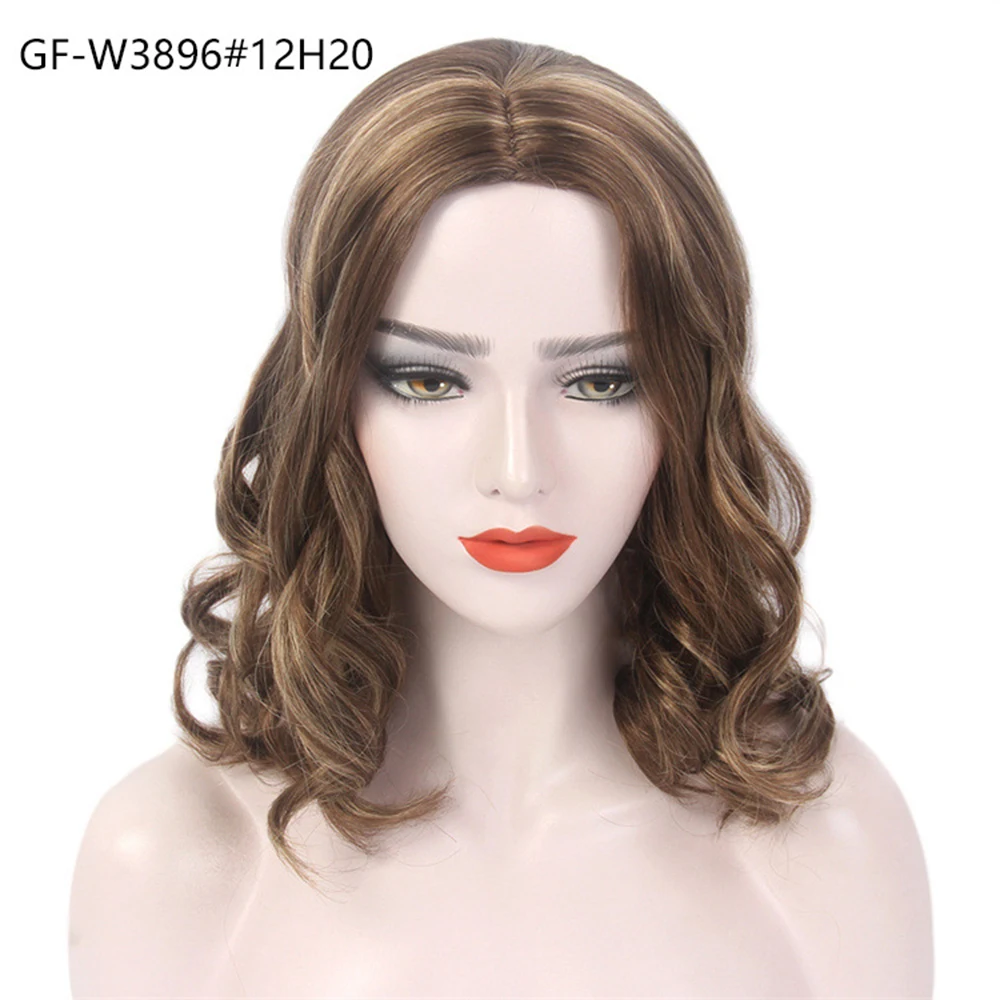 شعر مستعار أوروبي وأمريكي مائل بغطاء رأس كامل، شعر مستعار بطول الكتف باللون البني الذهبي، شعر نسائي مجعد