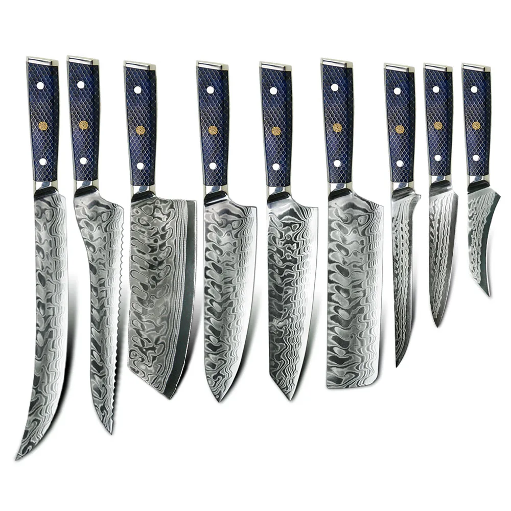 45-layer Damascus Steel 9Cr18MoV Core Croco Pattern Knife with 2 Tones, Blue Honey Comb Resin handle Chef Cleaver Slicer knife