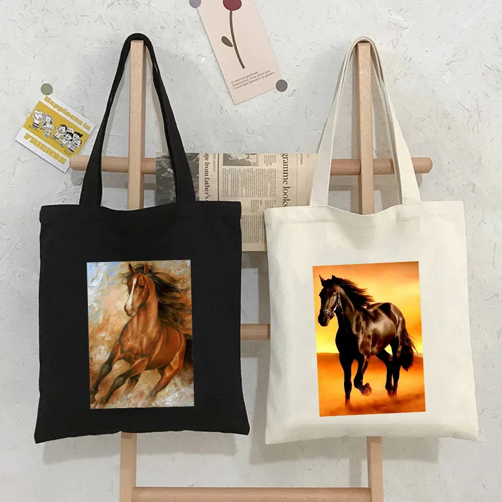 Wild Spirit Horses Oil Painting White Black Brown Horse Sunset Women's Canvas Shoulder Shopper Tote Bag Cotton Shopping Handbags