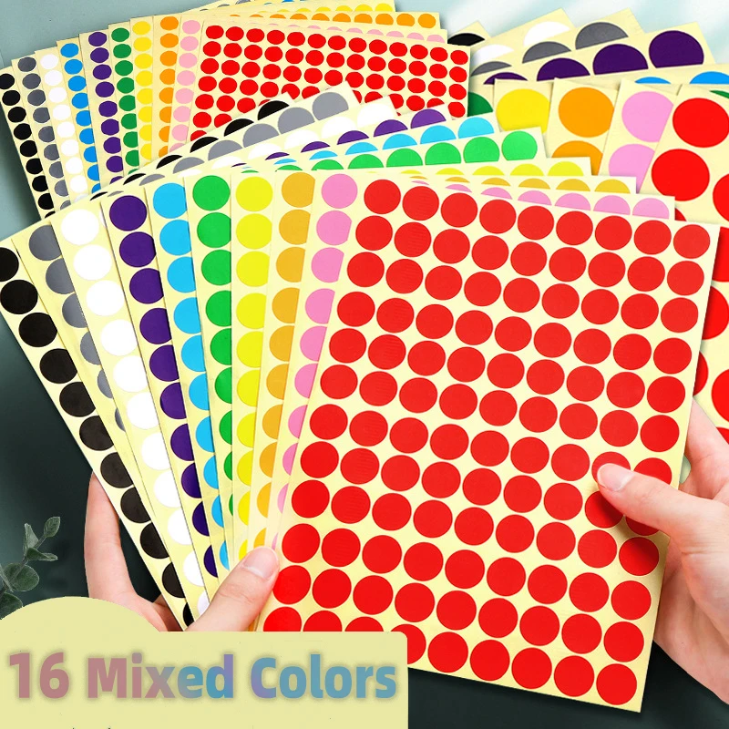 

16 Sheets Self Adhesive Dot Stickers Multi Size 6/8/10/13/16/19/25/32/50/100mm Mixed Color Round Label Stickers School Supplies