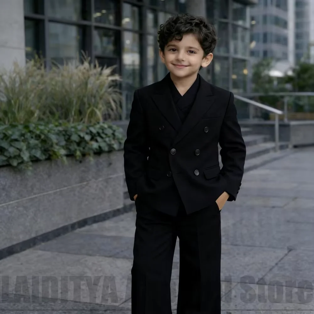 Chic Double Breasted Boys Two Piece Suit Blazer with Wide Leg Pants Kids Wedding Party Graduation Street Style Formal Outfit