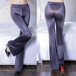 Womens Glossy Hot Flared Long Pants Slim Fit See Through Low Waist Trousers Silky Shiny Bell Bottoms Sexy Outfit