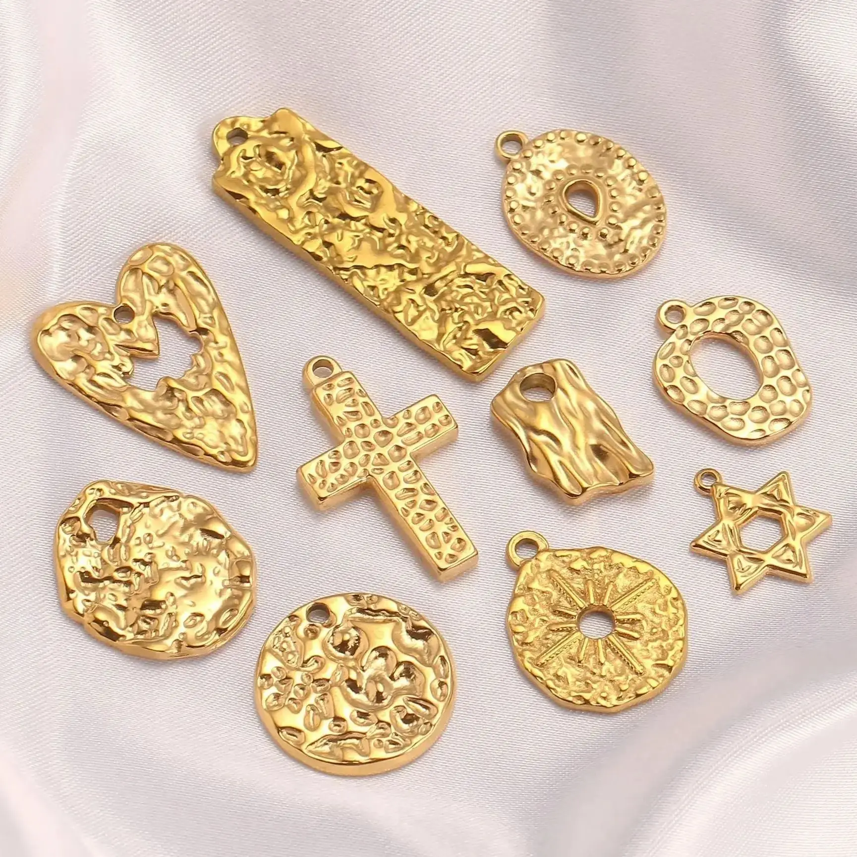 3 adet dövülmüş kalp/çapraz/beş köşeli yıldız Charms DIY takı yapma bulma paslanmaz çelik el yapımı kolye doku kolye