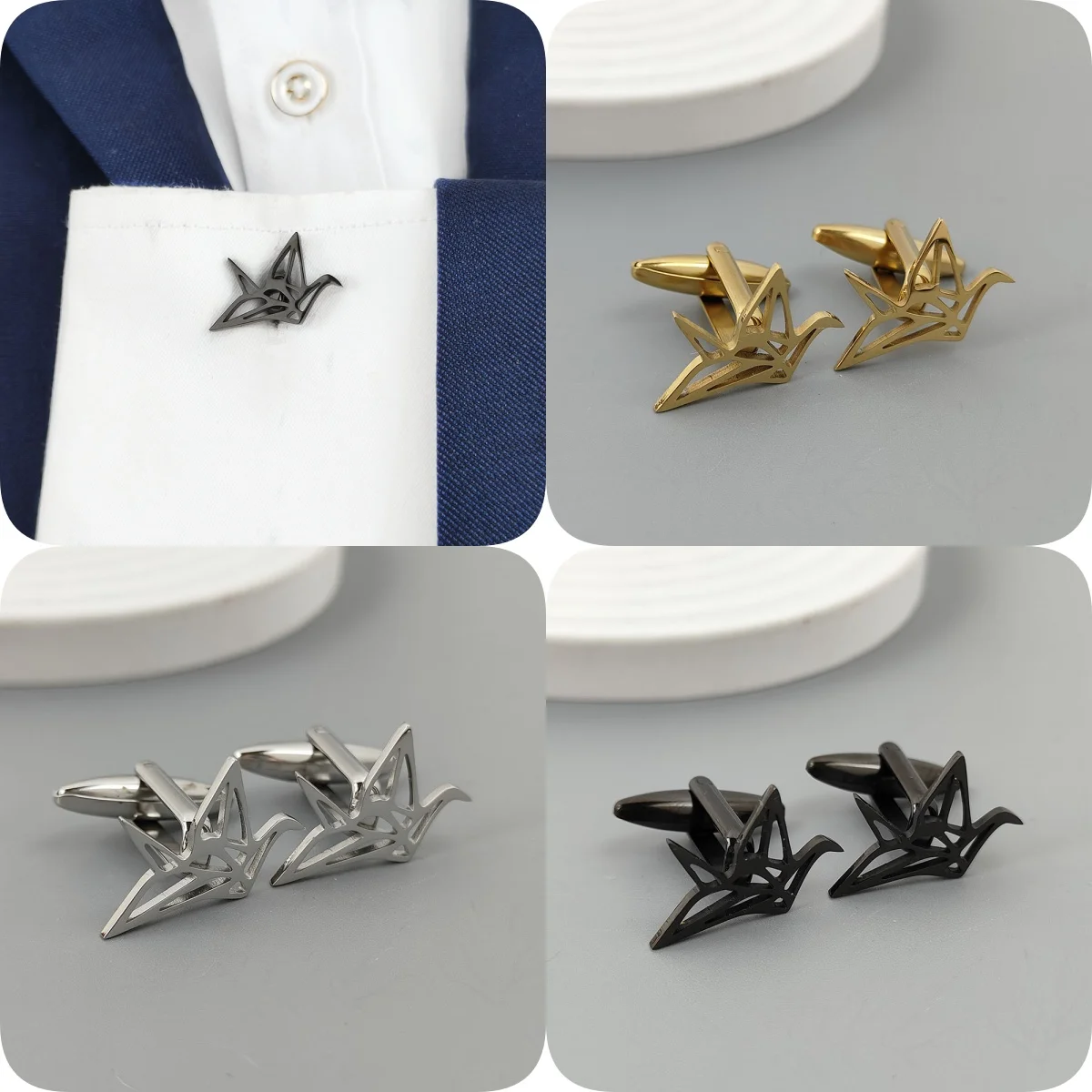 Origami crane shaped metal brooch/cufflinks, men's fashion stainless steel animal badge, women's elegant corsage.