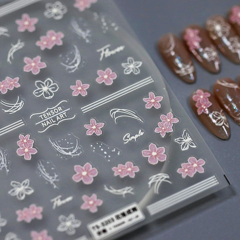 Delicate Pink White Flower Line 5D Soft Embossed Relief Self Adhesive Nail Art Decoration Sticker Lovely Woman 3D Manicure Decal