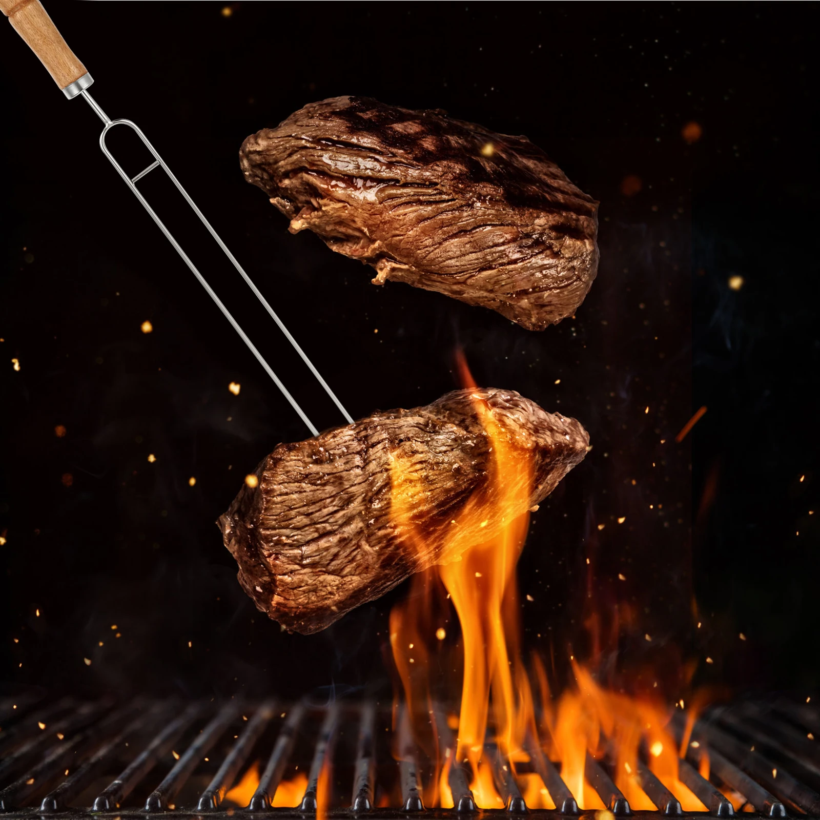 

6 Pcs BBQ Fork Roasting Sticks Stainless Steel Marshmallow Barbecue Forks Wooden