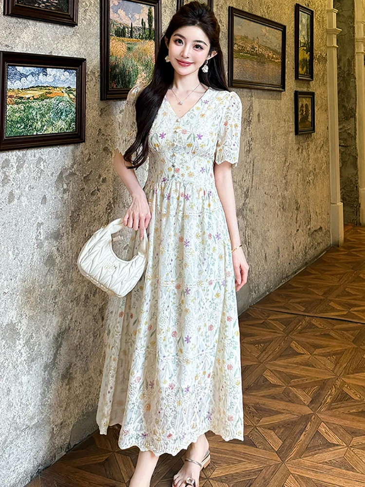 

2026 New Emboridery Floral Short Sleeve V-Neck Dress Summer Boho Elegant Casual Holiday Dress Women Korean Bodycon Evening Dress