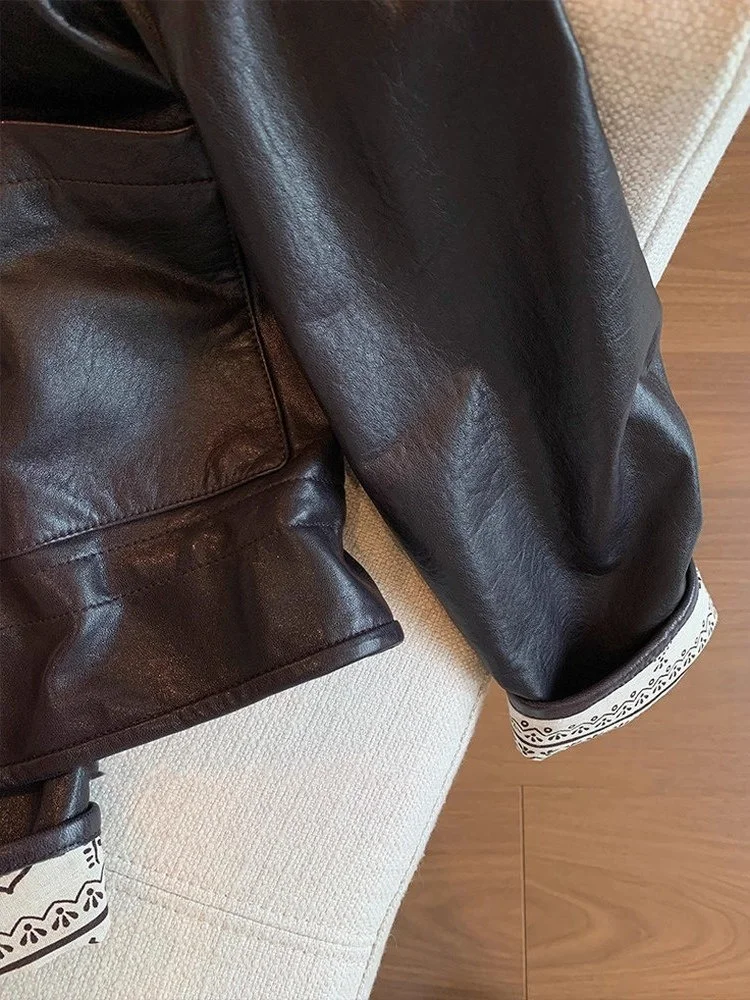 Faionable haut de gamme Bla rond Ne épissé cuir Jaet ample minceur ort haut pour hommes et femmes printemps automne