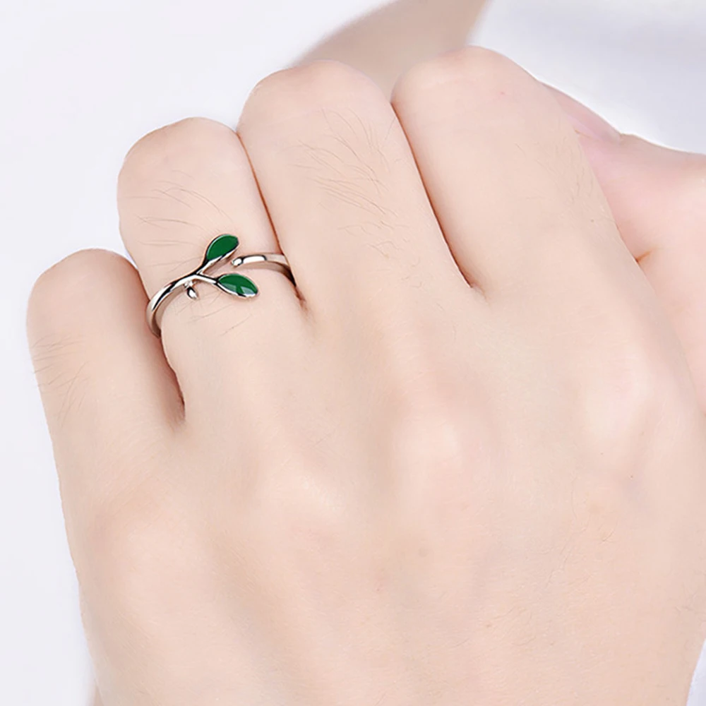 New 925 Silver Plated Women Ring Fashion individual Green Leaves Sprout Adjustable Index Finger Rings Jewelry Anniversary Gift