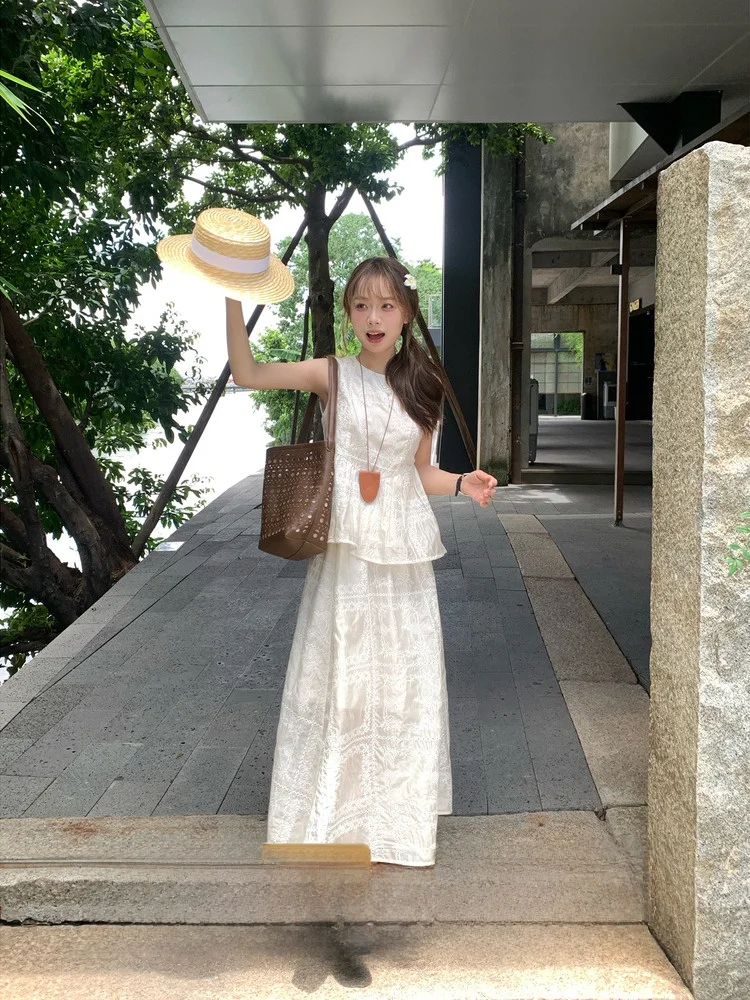 

Женский повседневный комплект с юбкой длиной до пола из белого материала, круглый цвет, четырехсезонная одежда для взрослых, неудобный Dr