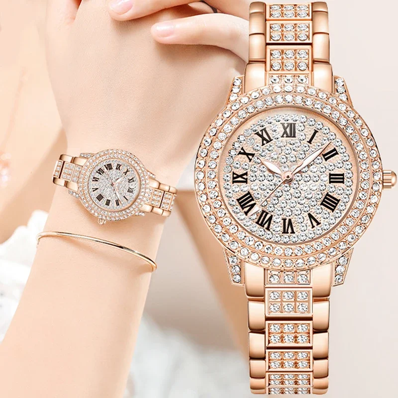 

2025 New Vintage Women's Quartz Watch Gold Luxury Roma Dial Women Shiny Rhinestone Fashion Wristwatch Casual Ladies Watches Gift