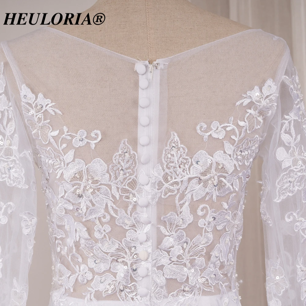 HEUIA LORIA-Personalizado Manga Longa Vestidos De Casamento De Renda, Vestido De Noiva Applique Beading, Robe De Casamento